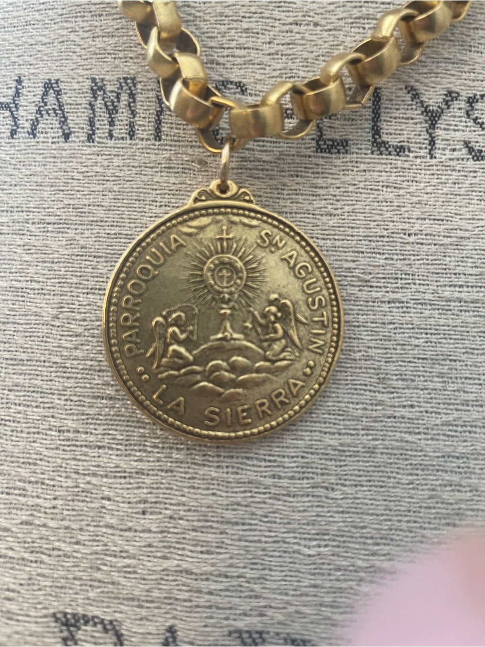 Gold Sacred Heart Medallion Necklace with Crystal Charm - Picture 3 of 3
